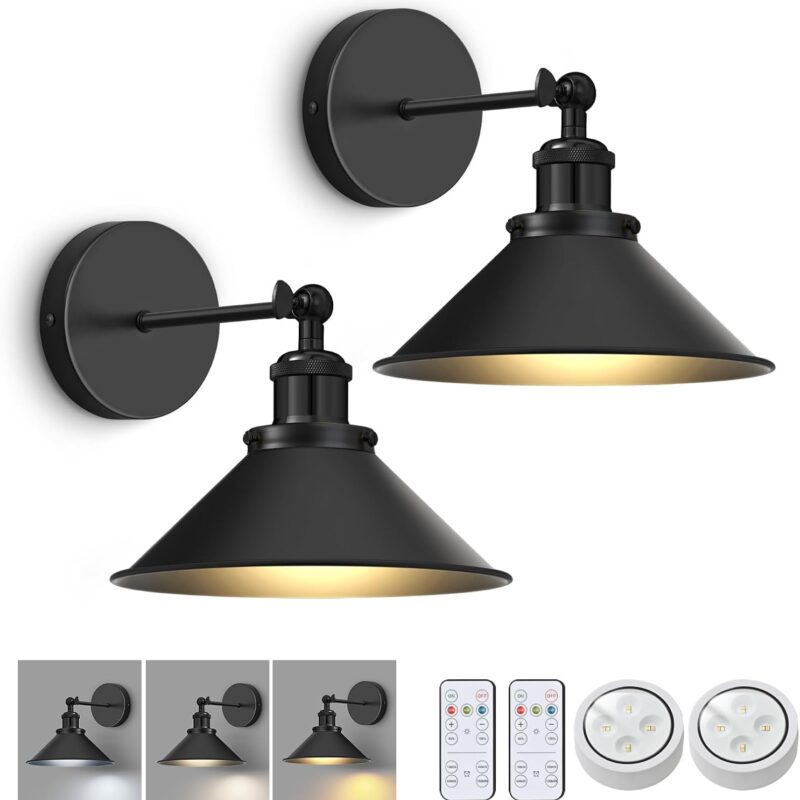 Black Vintage Wireless Battery Operated Wall Sconces,Sconces Wall Decor Set of 2 with Remote,Dimmable Wall Lights for Living Room,Wall Lamp Fixture Indoor Bedroom Farmhouse Gallery Kitchen