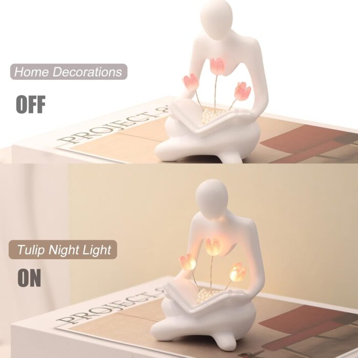 Reading Sculptures Tulip Lamp,Thinker Statue Figurine Battery Powered Night Light,Modern Abstract Home Decoration, Living Room Bookshelf Office Shelves Desk Decor,Aesthetic Gift - Image 7