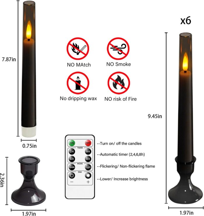 Flameless Taper Candles,with Remote and Timer Flickering Flameless Candles,6 Pack Led Candles,with Base Battery Operated Candles， Taper Candles for Home, Wedding, Party (Grey) - Image 3