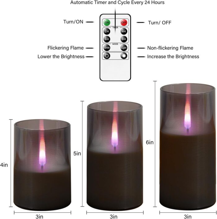 Flameless Candles Upgraded Realistic Flickering Flame,Battery Operated LED Candles with Remote Timers,Acrylic Electric Candles Set of 3(D 3" xH 4" 5" 6")（Grey） - Image 5