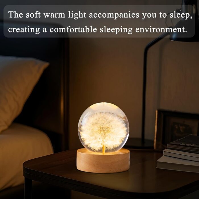 Dandelion Decor Gifts,Dandelion Flowers Lamp Crystal Ball Night Light,2.4 Inch Glass Ball Lamp with LED Wooden Base, Soft Warm White Lighting for Women Best Friends Sister Birthday Xmas Aesthetic Gift - Image 3