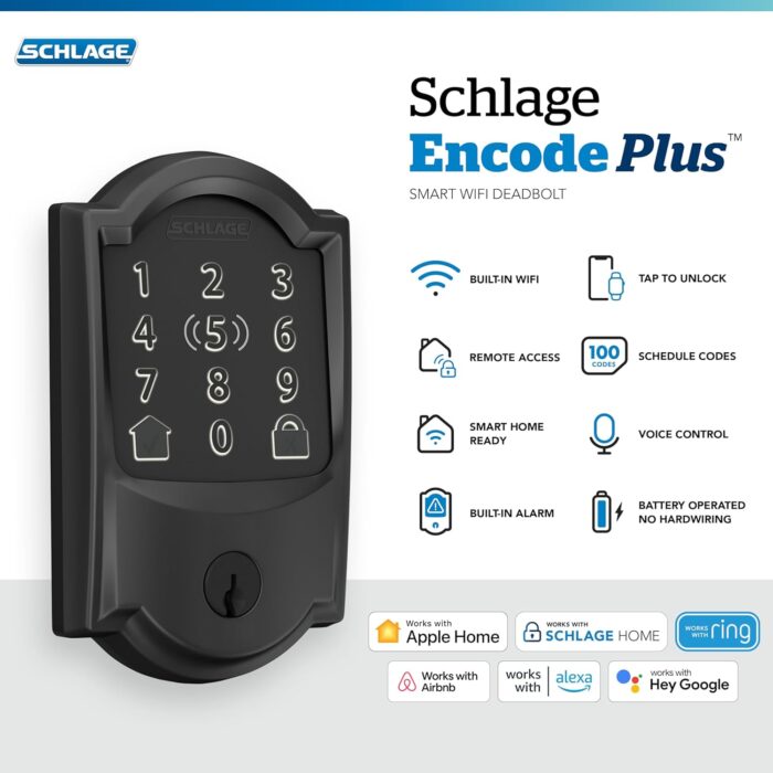 Schlage BE499WB CAM 622 Encode Plus WiFi Deadbolt Smart Lock, Keyless Entry Touchscreen Door Lock with Camelot Trim, Matte Black - Image 2