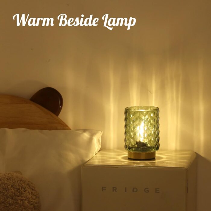 Battery Operated Lamp with Timer, Small Accent Table Lamp Desk Decor, Glass Cordless Bedside Cozy Lighting for Living Room, Shelf, Entryway Wave Design-Green - Image 3