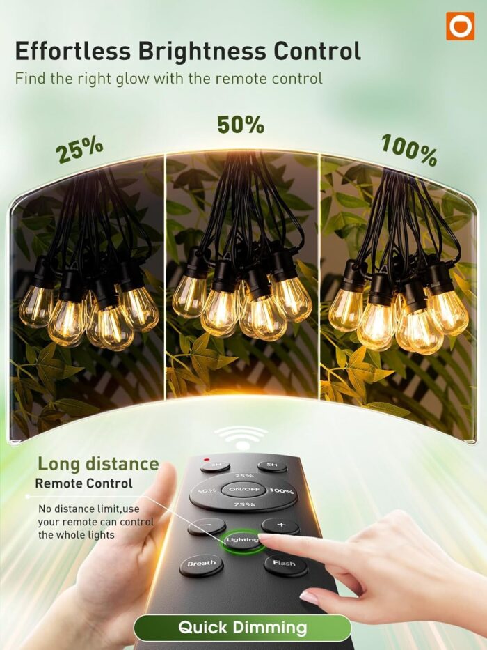 addlon 50FT LED Outdoor String Lights, Remote Dimmable Patio Lights with Timer & 3 Lighting Modes, 16 Shatterproof Edison Bulbs, Waterproof Connectable String Lights for Outside Backyard Party Décor - Image 2