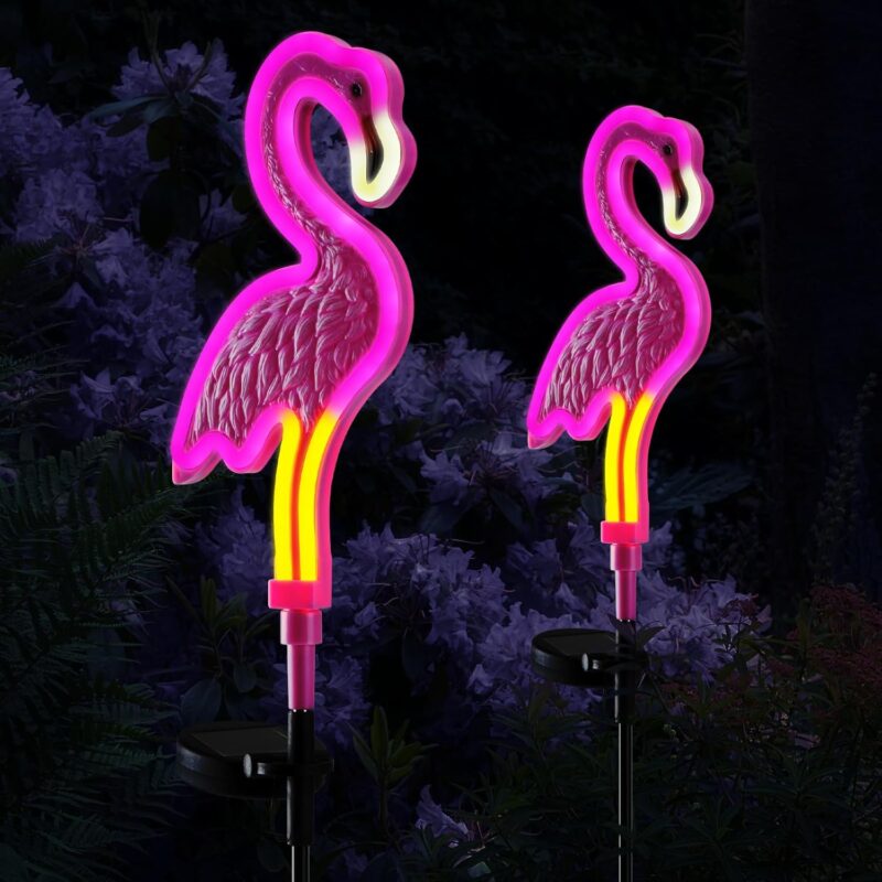 Flamingo Solar Lights Outdoor Decor, Gift for Dad, Solar Pink Flamingos Outdoor for Yard Decorations,Pink Neon Solar Flamingo Garden Lights for Outside,Pathways,Patio or Lawn Decor(2Pack)