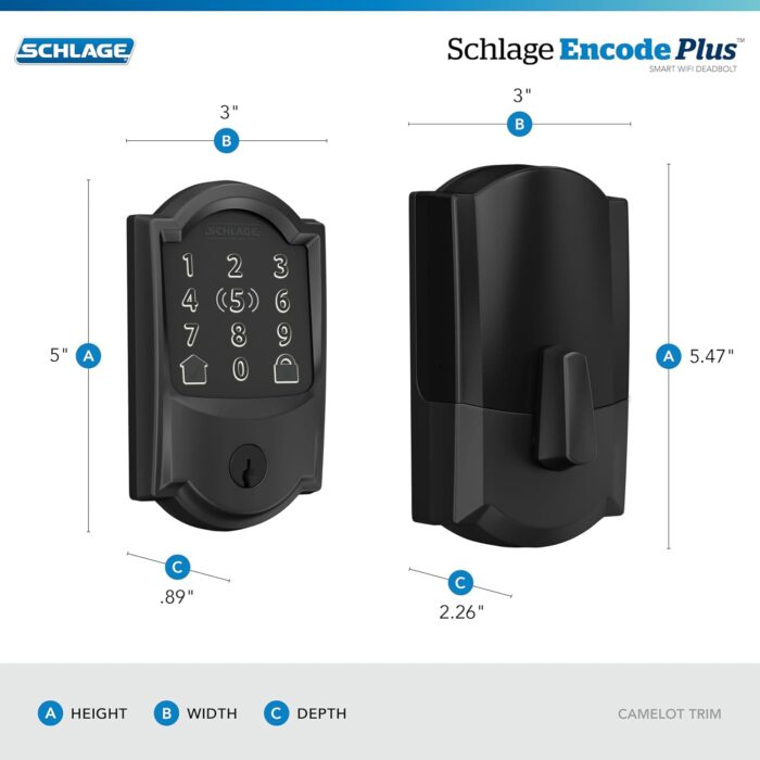 Schlage BE499WB CAM 622 Encode Plus WiFi Deadbolt Smart Lock, Keyless Entry Touchscreen Door Lock with Camelot Trim, Matte Black - Image 3