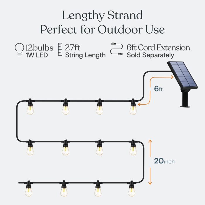 Brightech Ambience Pro Solar Powered Outdoor String Lights, 27 ft Commercial Grade Waterproof Patio Lights, 12 Edison Bulbs, Shatterproof LED String Lights for Outside, Porch - 1W Soft White - Image 4