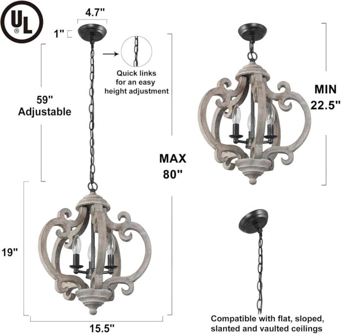 LALUZ Farmhouse Chandelier, 3-Light Rustic Orb Pendant Lights Lantern Lighting, 15.5'' Distressed Wood Chandeliers Hanging Light Fixtures for Dining & Living Room, Kitchen Island, Bedrooms, Foyer - Image 5