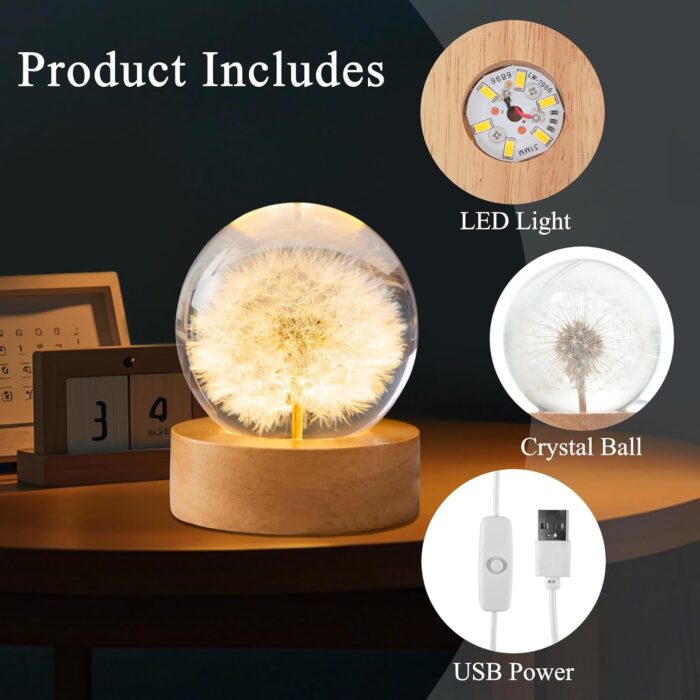 Dandelion Decor Gifts,Dandelion Flowers Lamp Crystal Ball Night Light,2.4 Inch Glass Ball Lamp with LED Wooden Base, Soft Warm White Lighting for Women Best Friends Sister Birthday Xmas Aesthetic Gift - Image 7