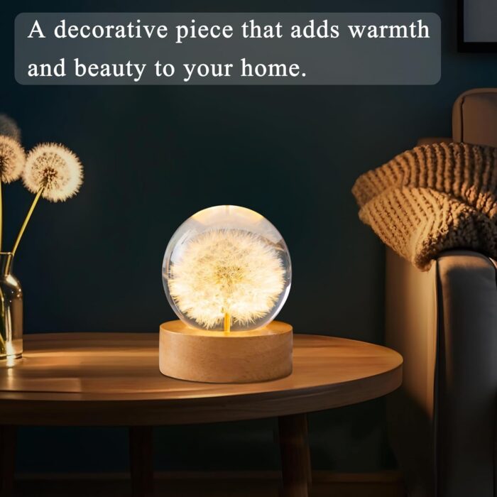 Dandelion Decor Gifts,Dandelion Flowers Lamp Crystal Ball Night Light,2.4 Inch Glass Ball Lamp with LED Wooden Base, Soft Warm White Lighting for Women Best Friends Sister Birthday Xmas Aesthetic Gift - Image 2
