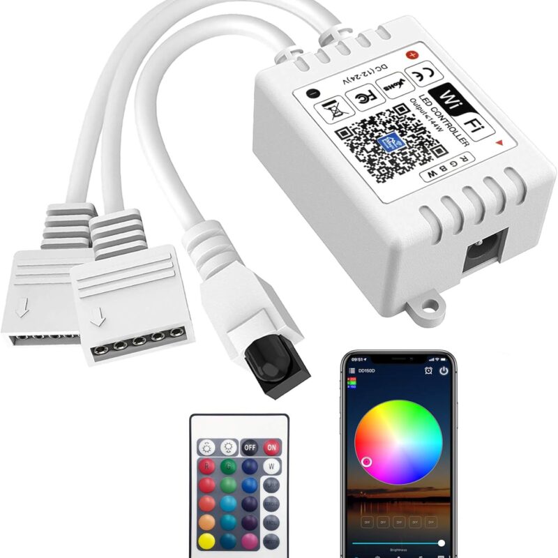 GIDEALED Smart WiFi RGBW LED Controller 2-Output 5 Pin with 24-Key Remote,Compatible with Alexa&Google Assistant,Voice/APP Control Strip Lights for Android/iOS System(WiFi LED Controller Only)