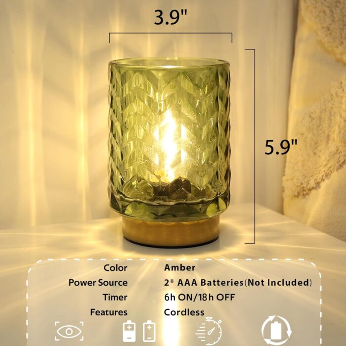 Battery Operated Lamp with Timer, Small Accent Table Lamp Desk Decor, Glass Cordless Bedside Cozy Lighting for Living Room, Shelf, Entryway Wave Design-Green - Image 2