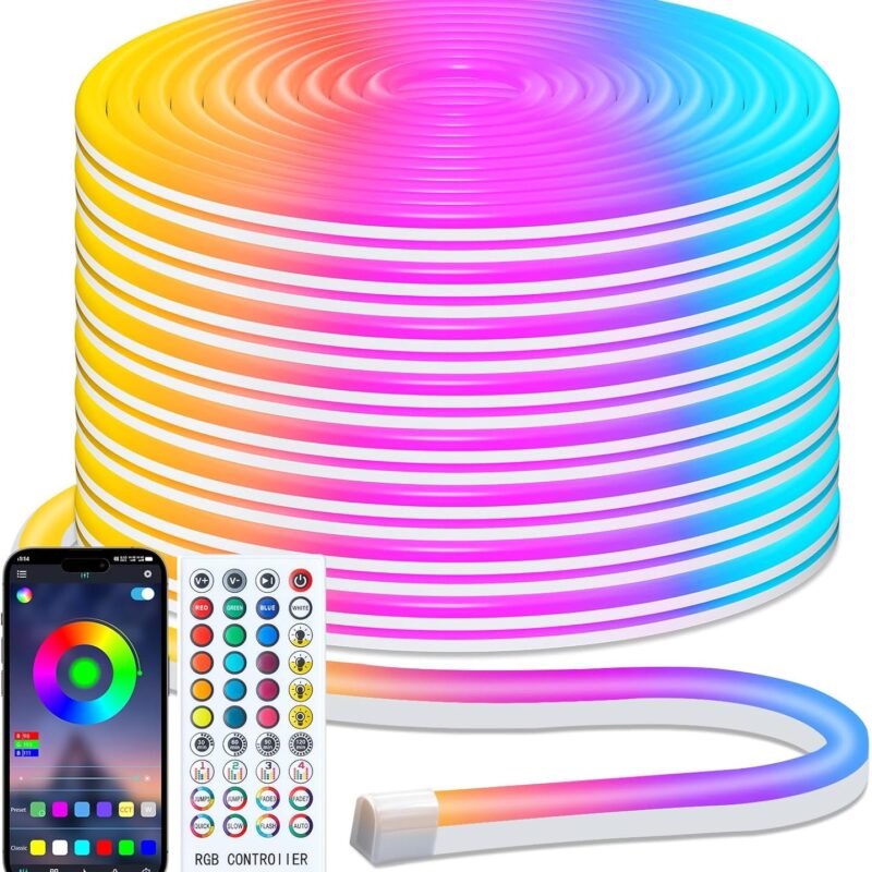 33Ft Led Neon Rope Lights, RGB LED Strip Lights, Control with App/Remote, IP68 Waterproof Flexible Outdoor Led Rope Lights, Multiple Modes, Music Sync Neon Lights for Bedroom Gaming Room Decor
