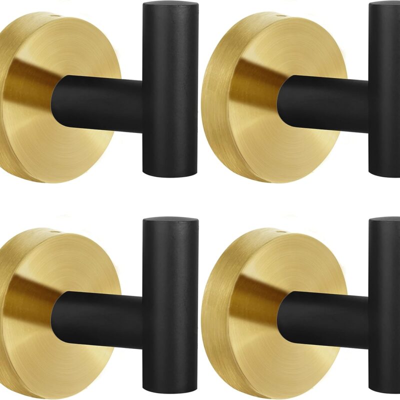 4 Pack Robe Towel Hooks Coat Hook Bathroom Black Gold Wall Hook Stainless Steel Heavy Duty Door Hanger Towel Robe Clothes Cabinet Closet Sponges Hook for Bathroom Bedroom Kitchen Hotel Pool