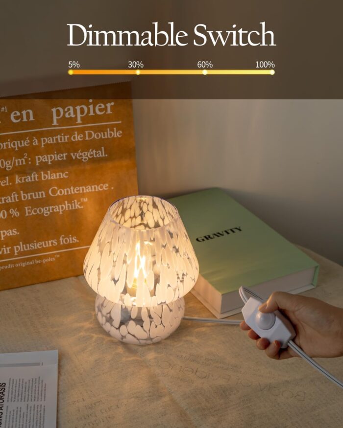 ONEWISH Mushroom Lamp Small Bedside Table Lamp-Nightstand Nightlight Dimmable Stepless, Translucent Glass Desk Lamp for Bedroom Dorm Living Kitchen, Murano Style Aesthetic Cute Home Decor(Blue) - Image 3