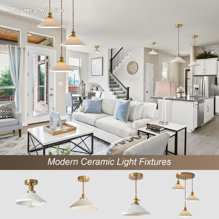 Modern Brushed Brass Pendant Lights Kitchen Island 2 Pack Mid Cenrury Milk Glass Hanging Light Fixture Vintage White and Gold Ceramic Pendant Light for Dining Room Bedroom Entryway MPL16D-2 - Image 8