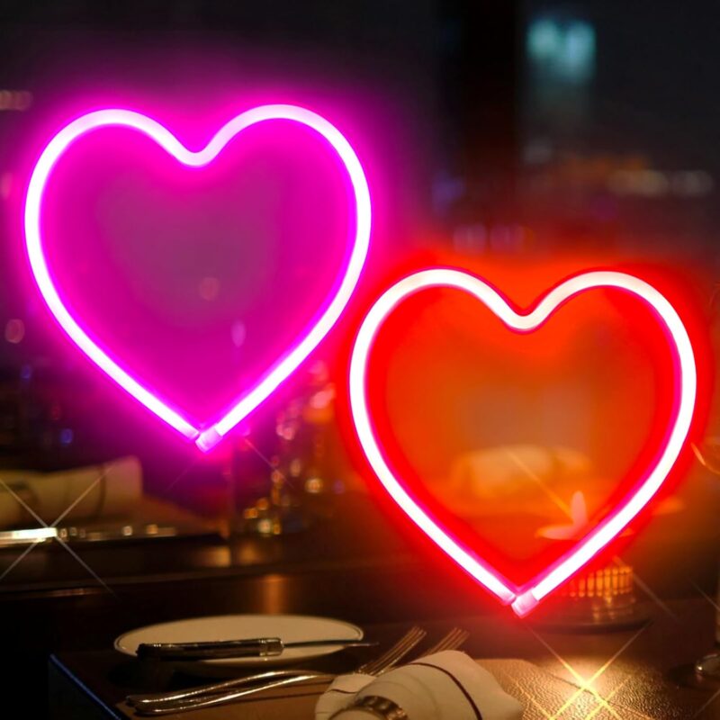 2-Pack Heart Neon Sign, Neon Heart Lights Battery Operated or USB Powered Decoration Lamp, LED Mothers Day Decoration Lights for Bedroom Girl's Room Birthday Party Wedding Christmas Décor (Pink & Red)