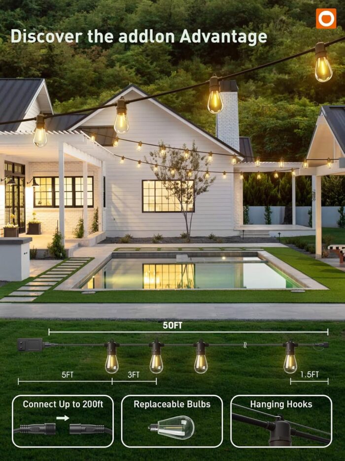 addlon 50FT LED Outdoor String Lights, Remote Dimmable Patio Lights with Timer & 3 Lighting Modes, 16 Shatterproof Edison Bulbs, Waterproof Connectable String Lights for Outside Backyard Party Décor - Image 7