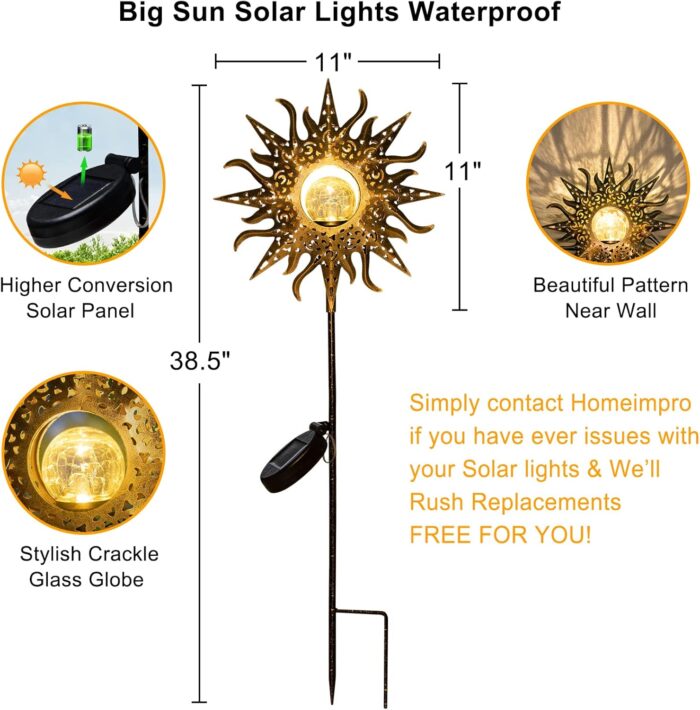 HOMEIMPRO Large Sun Solar Garden Decor Lights Outdoor Garden Gifts Mom Dad, Crackle Glass Metal Stake,Yard Decorations, Waterproof LED Lights for Lawn Patio Ornaments, Mothers Day Gifts for Women - Image 4