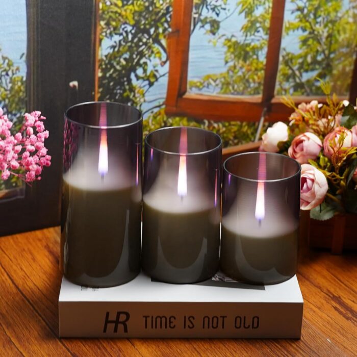 Flameless Candles Upgraded Realistic Flickering Flame,Battery Operated LED Candles with Remote Timers,Acrylic Electric Candles Set of 3(D 3" xH 4" 5" 6")（Grey） - Image 3