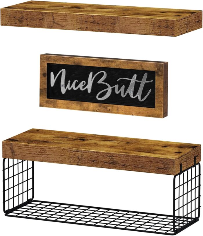 QEEIG ‎Bathroom Shelves Over Toilet - Paper Storage Wall Mounted Farmhouse Decor Decorations Aesthetic Décor Sign Small Floating Wall Shelf 2+1 Set 16 inch Nice Butt, Rustic Brown (020BN-NB) - Image 6