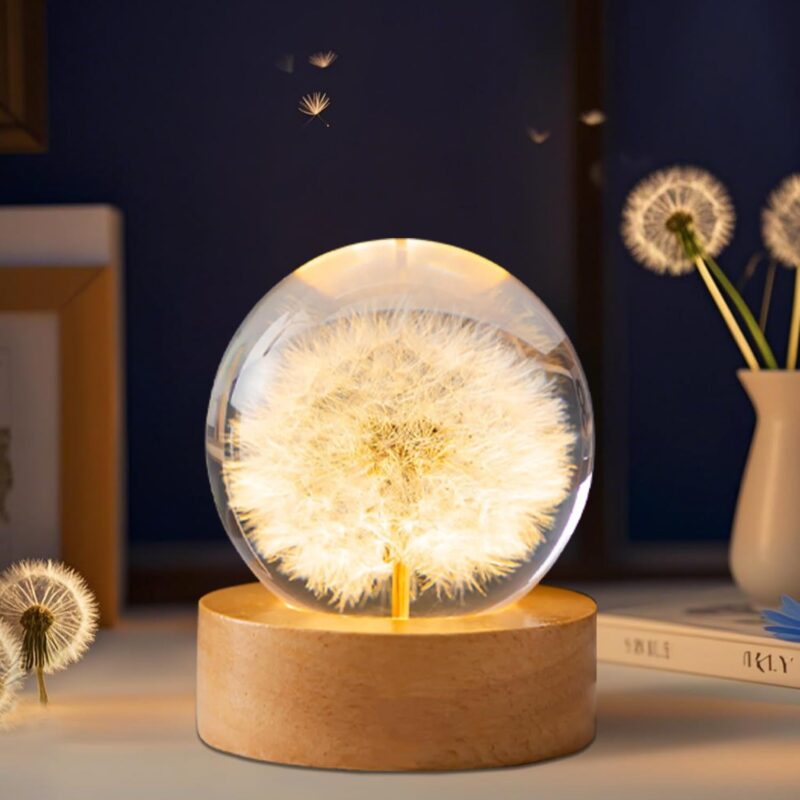 Dandelion Decor Gifts,Dandelion Flowers Lamp Crystal Ball Night Light,2.4 Inch Glass Ball Lamp with LED Wooden Base, Soft Warm White Lighting for Women Best Friends Sister Birthday Xmas Aesthetic Gift