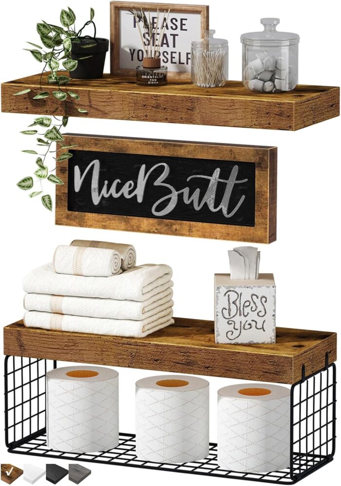 QEEIG ‎Bathroom Shelves Over Toilet - Paper Storage Wall Mounted Farmhouse Decor Decorations Aesthetic Décor Sign Small Floating Wall Shelf 2+1 Set 16 inch Nice Butt, Rustic Brown (020BN-NB)