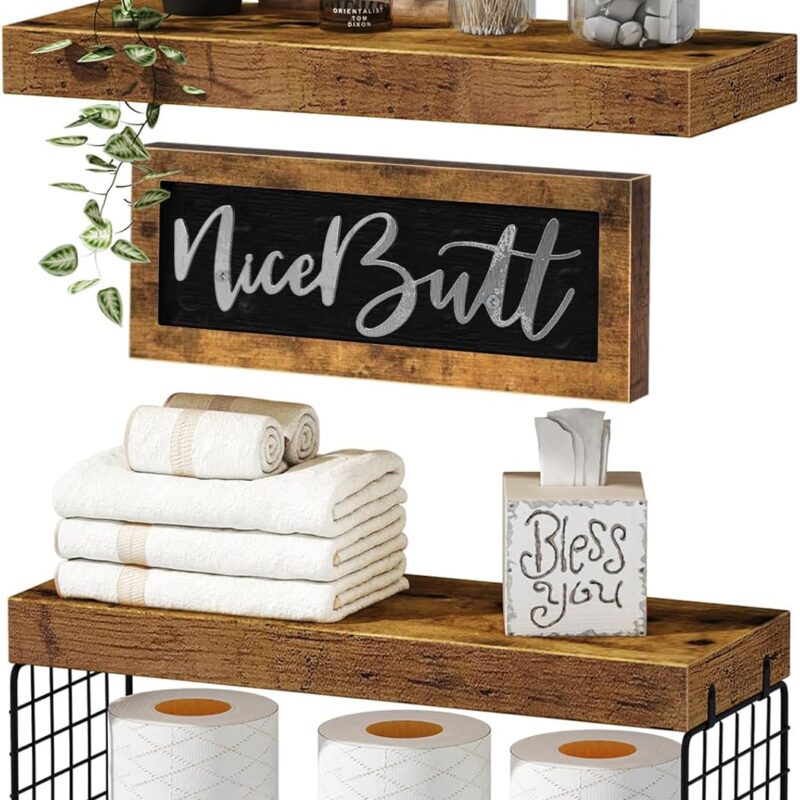 QEEIG ‎Bathroom Shelves Over Toilet - Paper Storage Wall Mounted Farmhouse Decor Decorations Aesthetic Décor Sign Small Floating Wall Shelf 2+1 Set 16 inch Nice Butt, Rustic Brown (020BN-NB)
