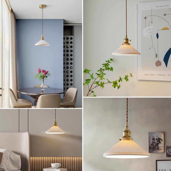 Modern Brushed Brass Pendant Lights Kitchen Island 2 Pack Mid Cenrury Milk Glass Hanging Light Fixture Vintage White and Gold Ceramic Pendant Light for Dining Room Bedroom Entryway MPL16D-2 - Image 5