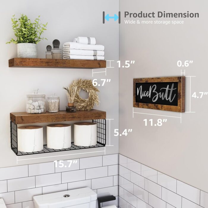 QEEIG ‎Bathroom Shelves Over Toilet - Paper Storage Wall Mounted Farmhouse Decor Decorations Aesthetic Décor Sign Small Floating Wall Shelf 2+1 Set 16 inch Nice Butt, Rustic Brown (020BN-NB) - Image 3
