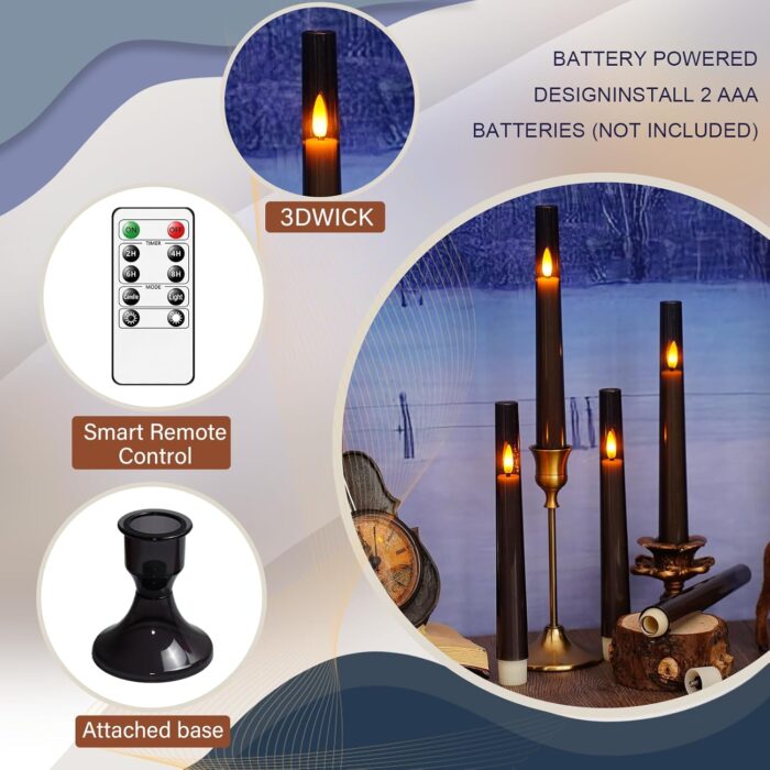 Flameless Taper Candles,with Remote and Timer Flickering Flameless Candles,6 Pack Led Candles,with Base Battery Operated Candles， Taper Candles for Home, Wedding, Party (Grey) - Image 2