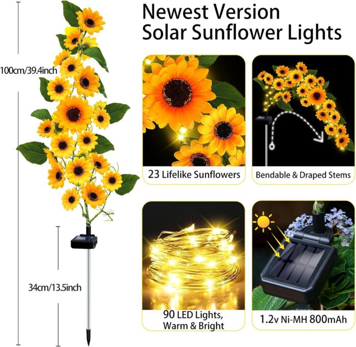 Solar Garden Lights Outdoor, 4 Pack Sunflower Lights with 92 Lifelike Sunflower, Waterproof 360 Bright LED Fall Garden Decor Solar Flowers for Patio Flowerbed Yard, Gift for Mom - Image 2