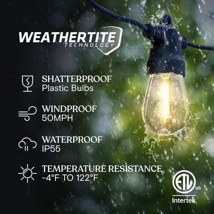 Brightech Ambience Pro Solar Powered Outdoor String Lights, 27 ft Commercial Grade Waterproof Patio Lights, 12 Edison Bulbs, Shatterproof LED String Lights for Outside, Porch - 1W Soft White - Image 2