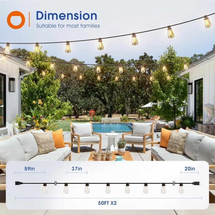 addlon 100FT(50FT*2) LED Outdoor String Lights Waterproof Patio Lights with Shatterproof ST38 Replaceable Bulbs, Dimmable Outside Hanging Light Connectable for Porch, Backyard, 2200K - Image 6