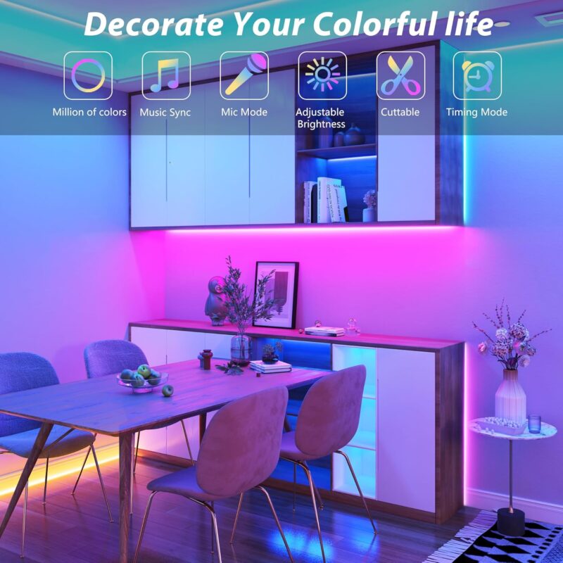 100FT Led Lights for Bedroom, Color Changing RGB Led Strip Lights Indoor, Music Sync Led Light Strip with Remote and App Control, DIY Led lights for Room Home Decor Ambient Lighting (1*100FT)