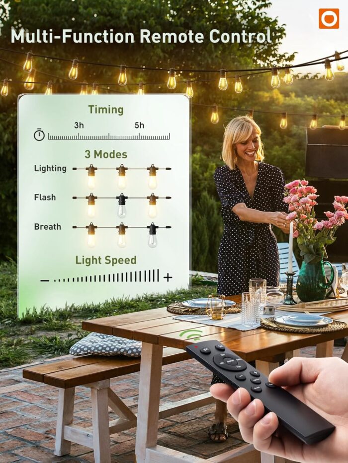 addlon 50FT LED Outdoor String Lights, Remote Dimmable Patio Lights with Timer & 3 Lighting Modes, 16 Shatterproof Edison Bulbs, Waterproof Connectable String Lights for Outside Backyard Party Décor - Image 4