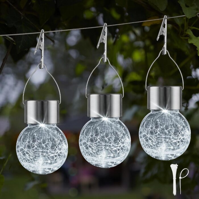 Solar Lights Outdoor Hanging Decorative Globe 24 Pack, Waterproof Solar Lantern with Handle and Clip, Solar Powered Glass Ball Lights for Garden Yard Fence Tree Umbrella Holiday Décor, Cold White - Image 2