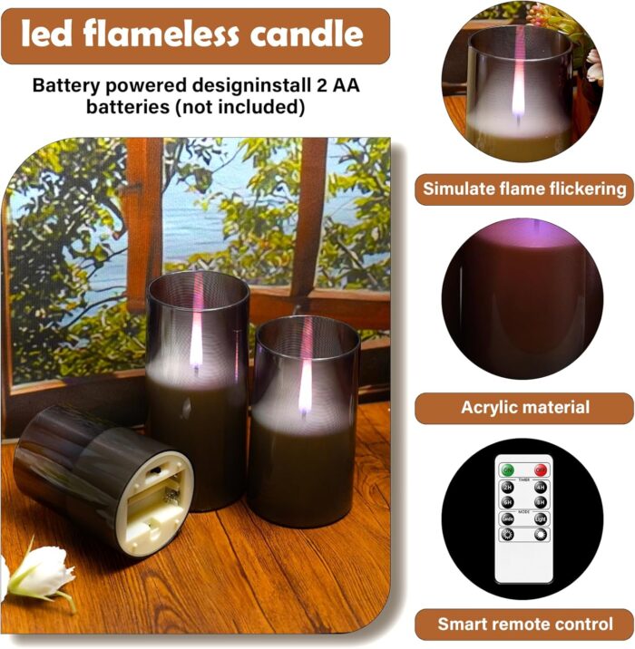 Flameless Candles Upgraded Realistic Flickering Flame,Battery Operated LED Candles with Remote Timers,Acrylic Electric Candles Set of 3(D 3" xH 4" 5" 6")（Grey） - Image 2