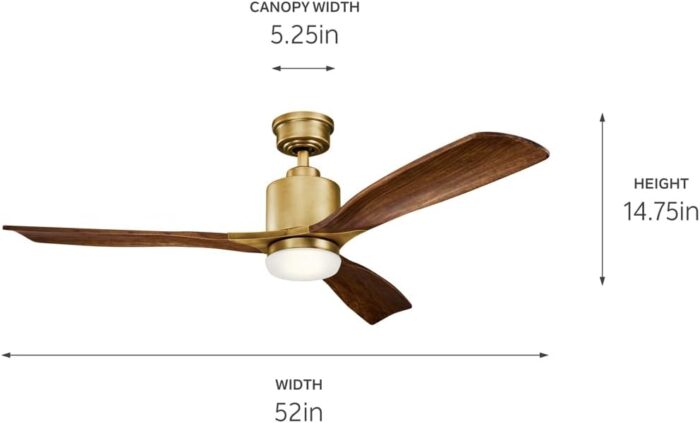 Kichler Ridley II 52" Ceiling Fan and Light Kit in Natural Brass, 3-Blade LED Ceiling Fan in Cherry Finish, 3000K, (52" W x 14.5" H), 300027NBR - Image 3
