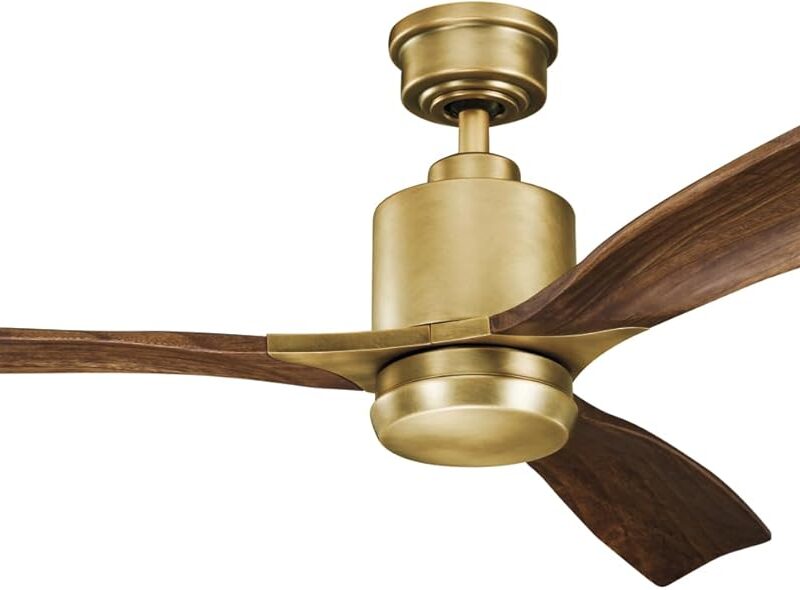Kichler Ridley II 52" Ceiling Fan and Light Kit in Natural Brass, 3-Blade LED Ceiling Fan in Cherry Finish, 3000K, (52" W x 14.5" H), 300027NBR