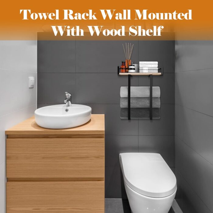 Towel Racks for Bathroom Wall Mounted, Xstydes Metal Towel Holder with Wooden Shelf for Folding Large Towels, Towel Storage for Small Bathroom Organizer Decor or RV Camping - Image 3