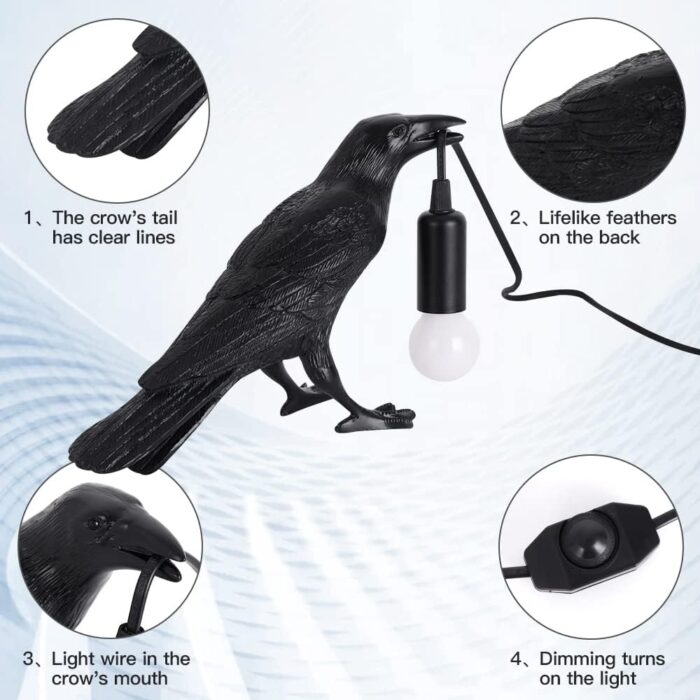 Crow Lamp - Raven Lamp Adjustable Brightness with Bulb，Bird lamp，Crow Light Decor for Bedside Bedroom Living Room Decor - Image 8