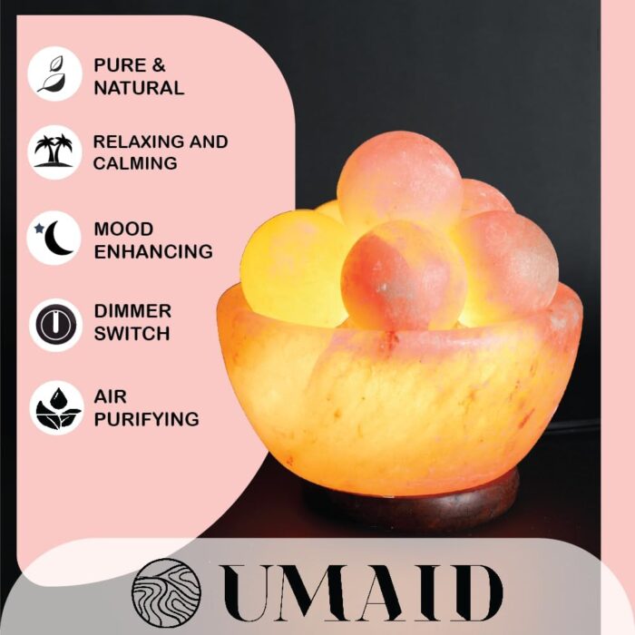 UMAID Himalayan Salt Lamp Bowl with 6 Massage Balls – Dimmable Natural Pink Rock Salt Lamp for Relaxation, Meditation,Yoga, Spa, Office, Bedroom, Wellness, Home Decor, and Unique Gift - Image 6