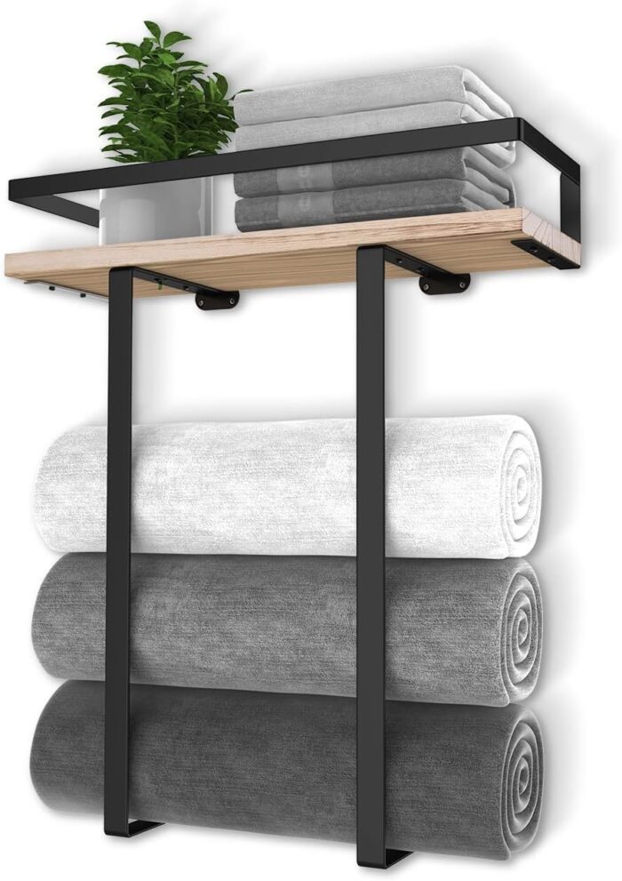 Towel Racks for Bathroom Wall Mounted, Xstydes Metal Towel Holder with Wooden Shelf for Folding Large Towels, Towel Storage for Small Bathroom Organizer Decor or RV Camping - Image 7