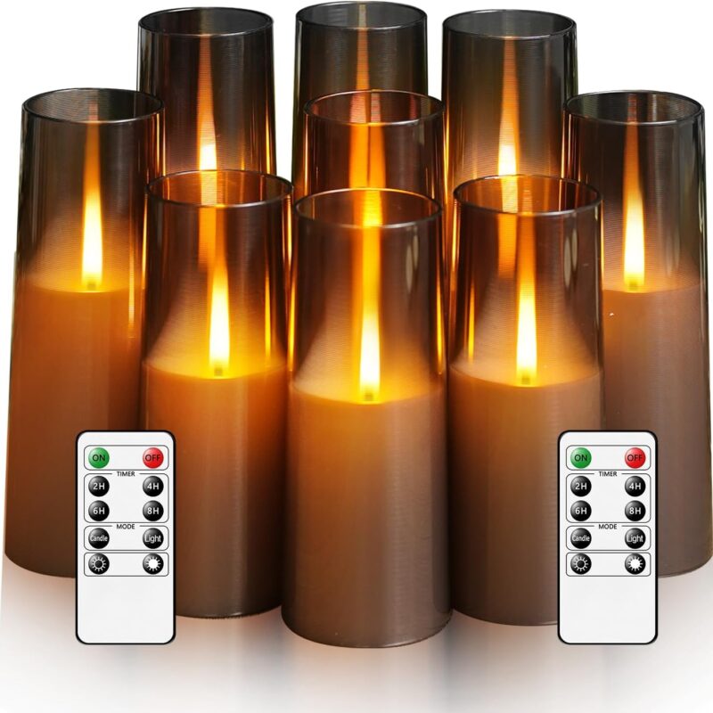 Flickering Flameless Candles 9 Pcs, Battery Operated Candles with Remote Timer, Realistic Pillar LED Candles for Home Decor (Grey)