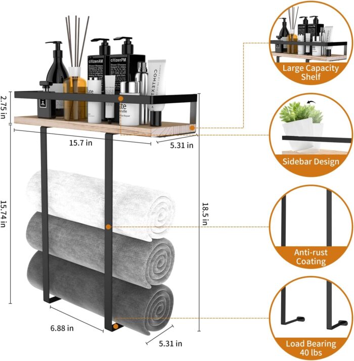 Towel Racks for Bathroom Wall Mounted, Xstydes Metal Towel Holder with Wooden Shelf for Folding Large Towels, Towel Storage for Small Bathroom Organizer Decor or RV Camping - Image 4