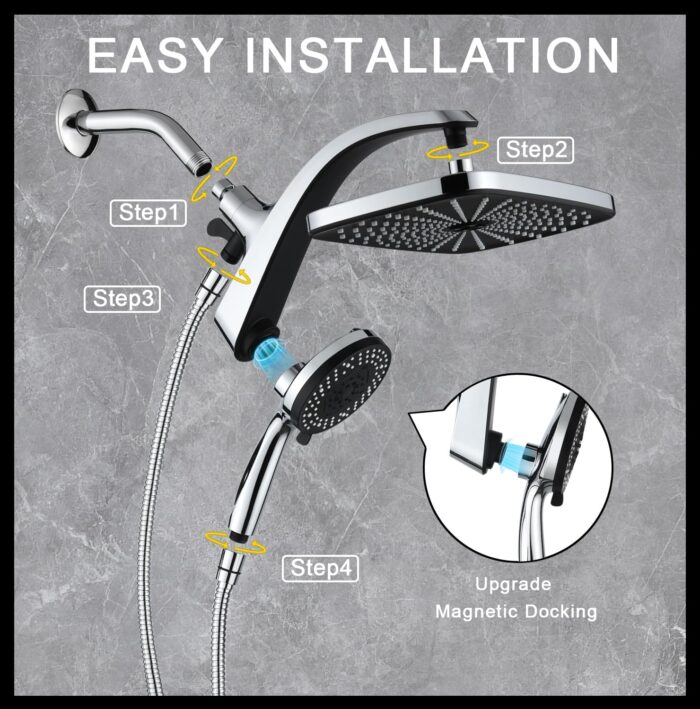 High Pressure Rain Shower Head: Upgrade Shower Heads with Handheld Spray Combo with Fixed Showerhead and 10 Sprays Handheld Shower Head, Detachable Shower head Built-in Magnetic Docking and Power Jets - Image 7