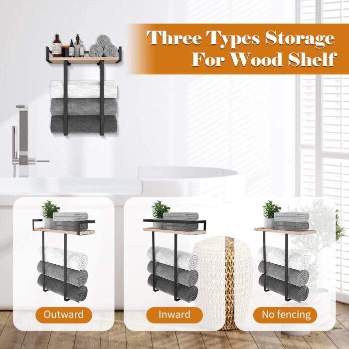 Towel Racks for Bathroom Wall Mounted, Xstydes Metal Towel Holder with Wooden Shelf for Folding Large Towels, Towel Storage for Small Bathroom Organizer Decor or RV Camping - Image 6