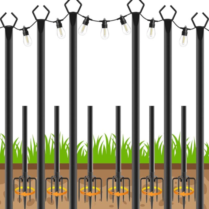 6 Pack String Light Poles, Outdoor String Light Pole 10 ft Forked Metal Light Pole with Adjustable Outdoor Light Stand, Deck, Backyard, Garden, Wedding, Rustproof and Sturdy with Hooks