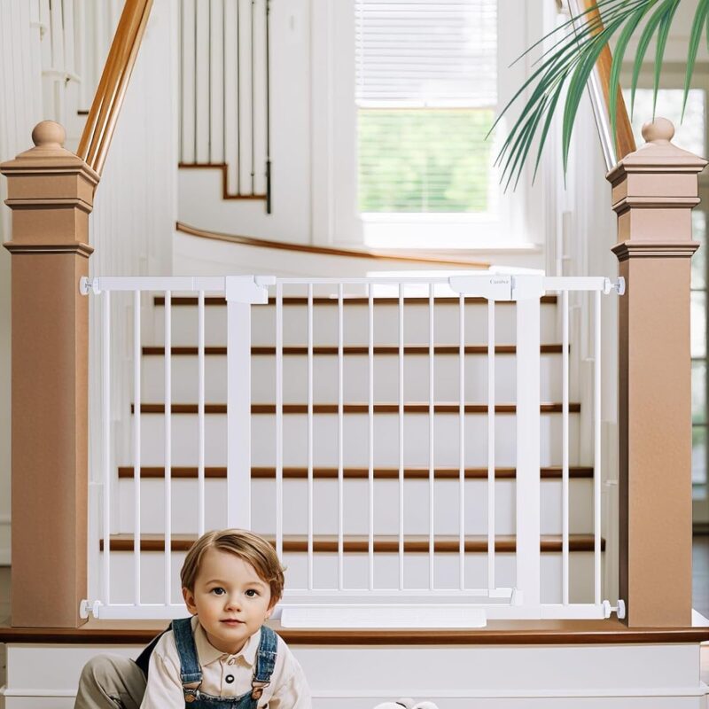 Cumbor 29.7-48" Baby Gate for Stairs, Mom's Choice Awards Winner-Dog Gates for Doorways, Auto Close Safety Pet Gate for Dogs Indoor, Easy Install Pressure Mounted Child Gate with Walk Thru Door, White